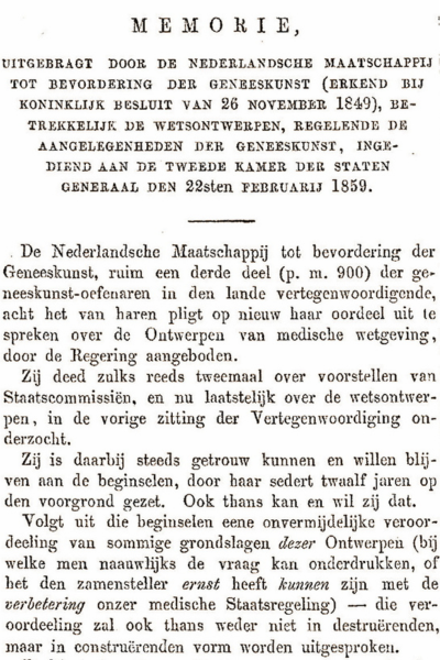 Openingstekst van de Memorie, opgesteld door de NMG in 1859 als reactie op het ontwerp van de Geneeskundige Staatsregeling